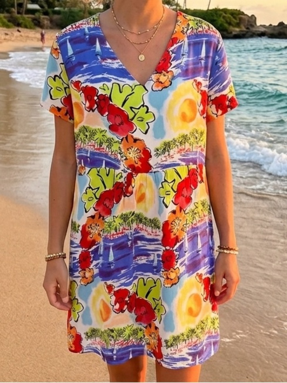 Loco Lindo Vintage Beach Dress Tropical Hawaiian Sunset Resort Vacation Retro